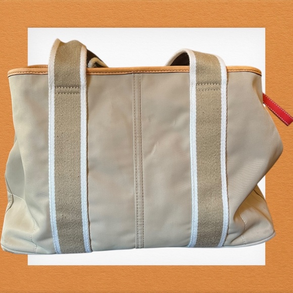 Authentic Coach Nylon Red Leather Trim Tote Bag Style 5656 Tan Shoulder Purse - Picture 3 of 16